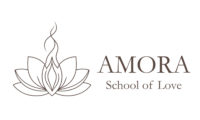 Amora School of Love logo brown featuring a lotus flower with a yoni and an abstract dancer.