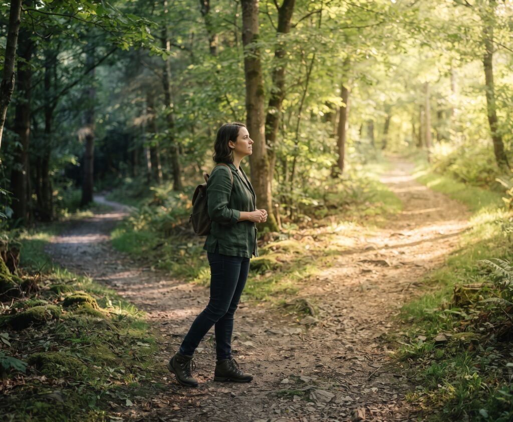 A person standing thoughtfully at a fork in a winding forest path, looking toward a sun-dappled trail representing clarity and change, for the 1:1 Personalised Support sessions at the Amora School of Love.