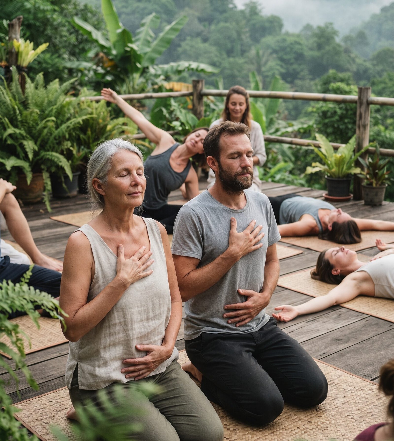 A diverse group of participants, including a silver-haired woman and a bearded man in the foreground, practice guided breathwork with eyes closed on a rustic wooden deck in the jungle, part of an Amora School of Love Somatic Reset Retreat.