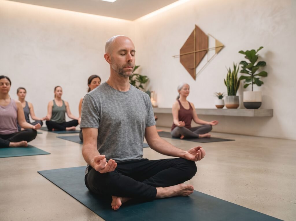 A balanced close-up view of a participant meditating in a serene studio for the Amora School of Love's Meditation, Mindfulness, and Manifestation workshop, showing a group practicing in a modern, minimalist space.